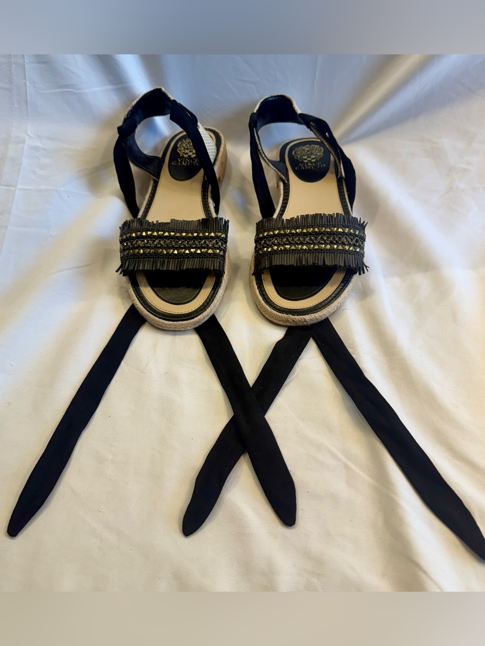 Vince Camuto Espadrille Sandals Womens 10M Black Fringed Studded Ankle Tie Boho